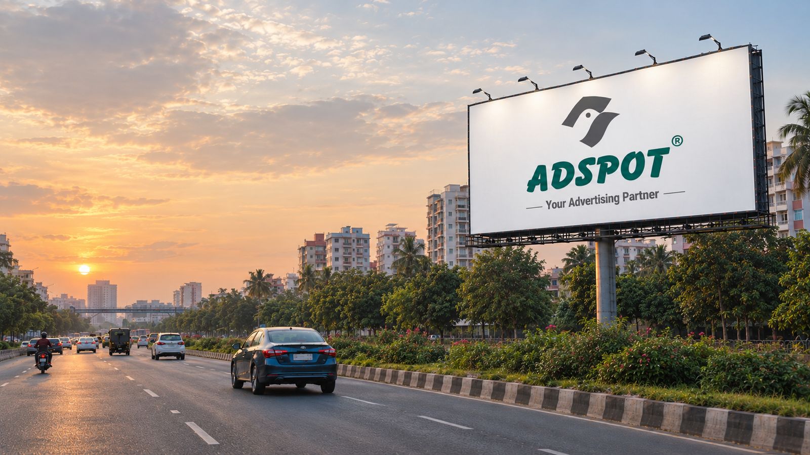 ADSPOT billboard on a highway at golden hour