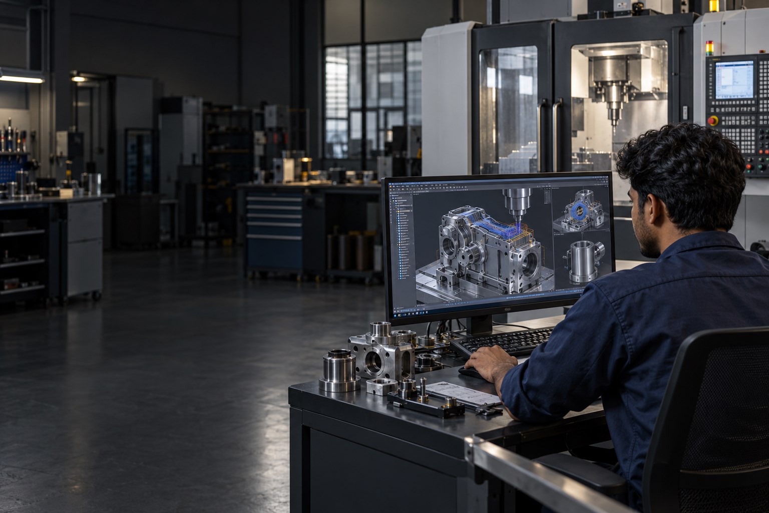 Mechanical design trainee working on CAD CAM beside a CNC machining center