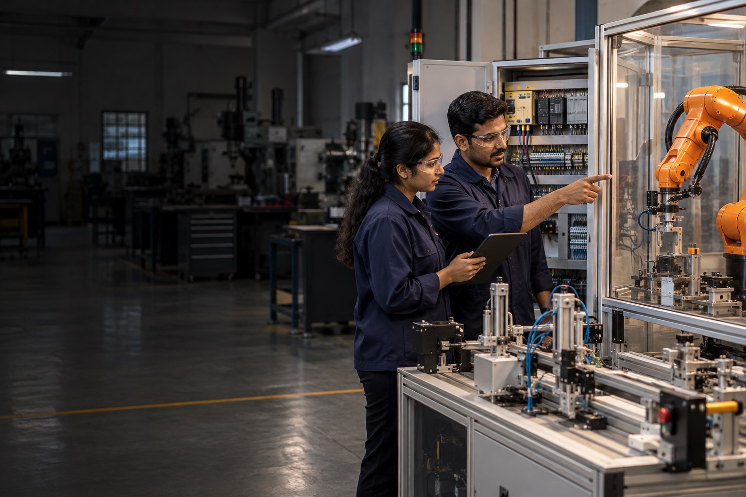 Instructor and trainee studying robotics and industrial automation equipment