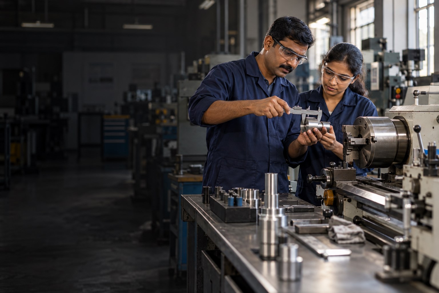Instructor and trainee practicing precision measurement in a mechanical workshop