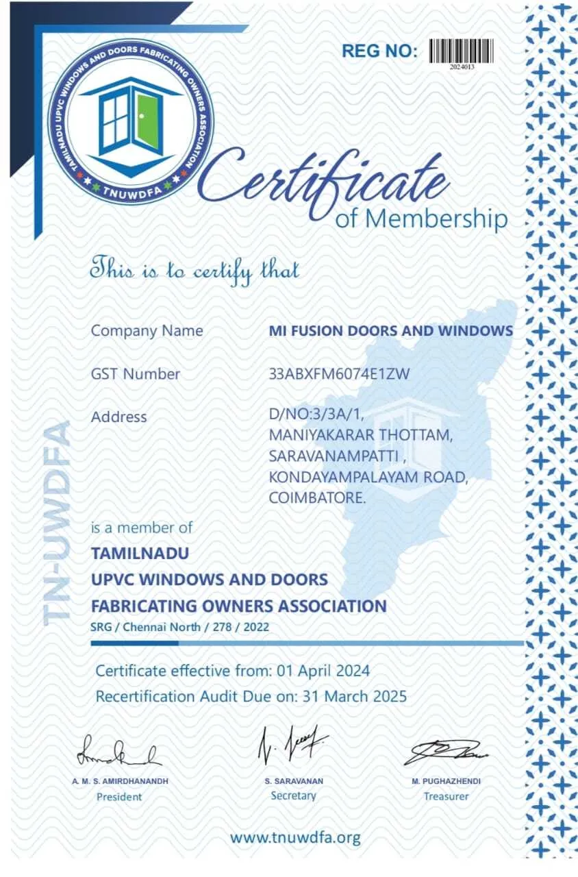 Tamil Nadu Windows and Doors Fabricators Association TNWDFA certificate