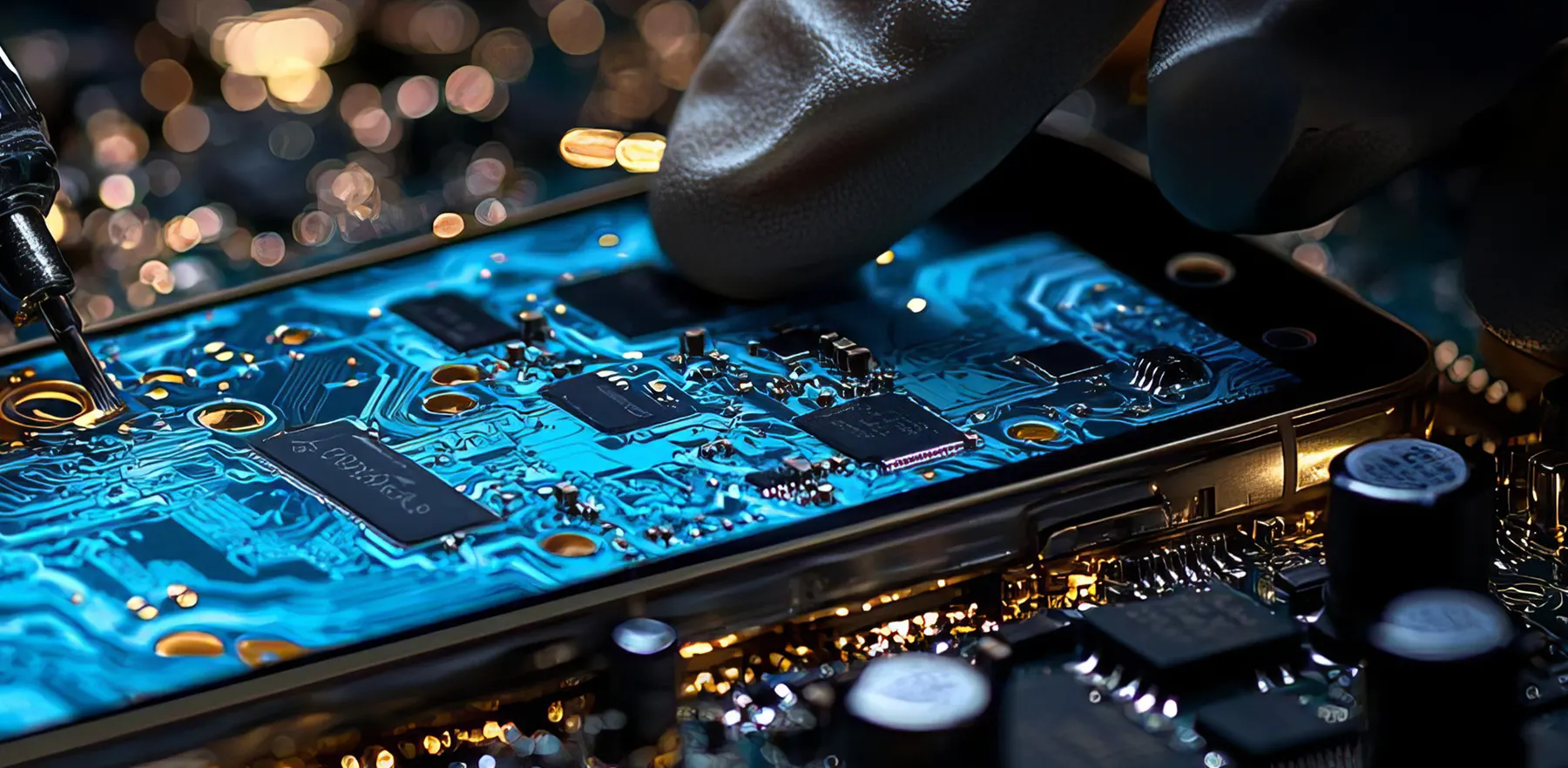 Close-up of a smartphone motherboard under repair