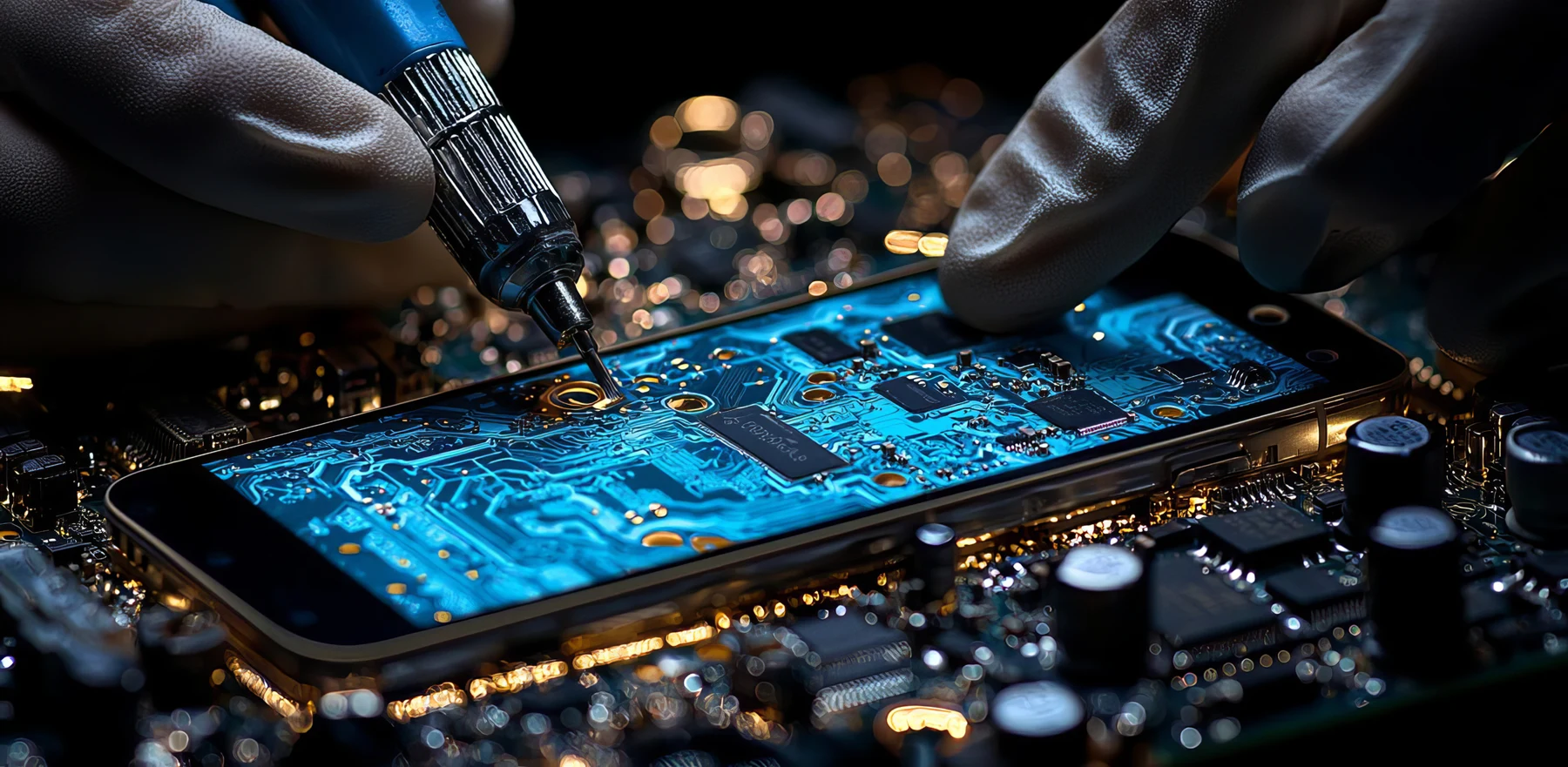 Technician performing precision repair on a smartphone circuit board